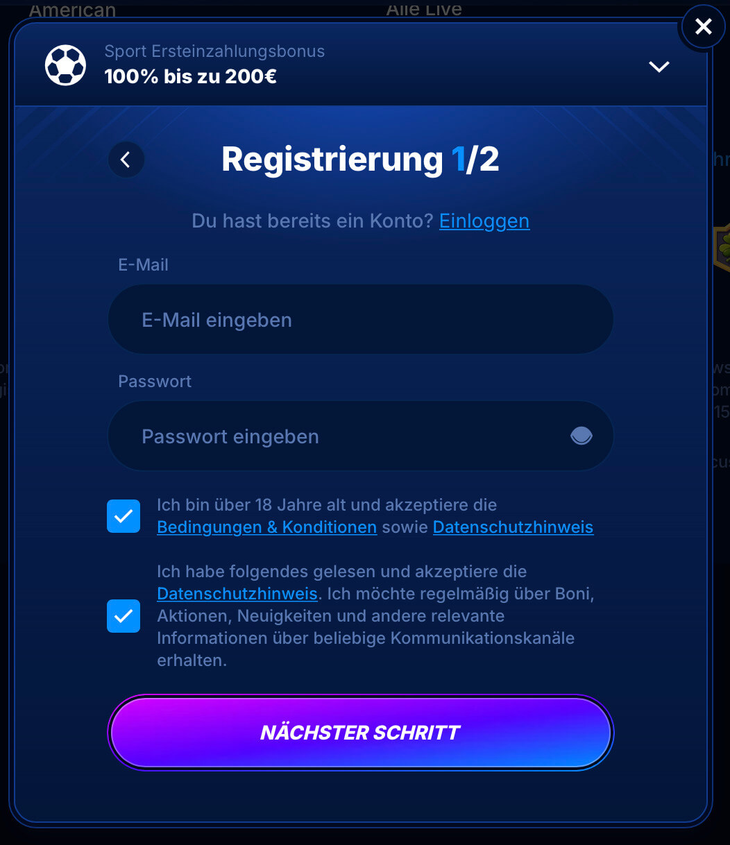 So sieht die Anmeldung bei Boomerang Bet aus Screenshot: Schnellregistrierung und Login-Maske bei Boomerang Bet
